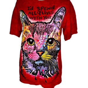 Mountain 9 Lives Tri-Blend Red Tie-dye Crew T-Shirt Cat Love Patchwork size Med
